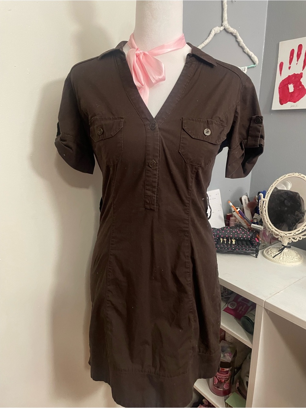 Casual Brown V-Neck Short Sleeve Shirt Dress